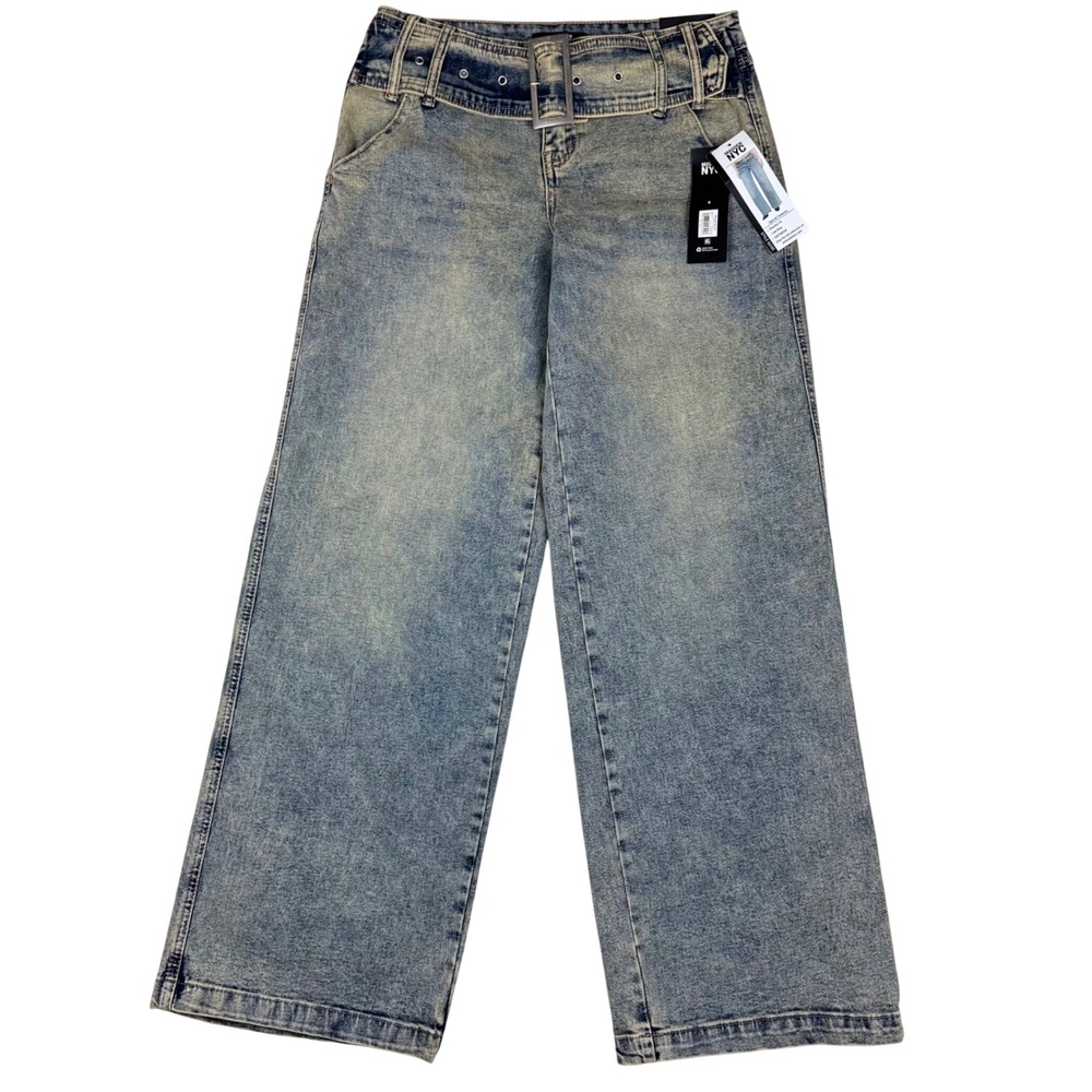 Madden NYC Grommet Belted Jean Slouchy Wide Leg Womens 6 Vintage Indigo Y2K Chic